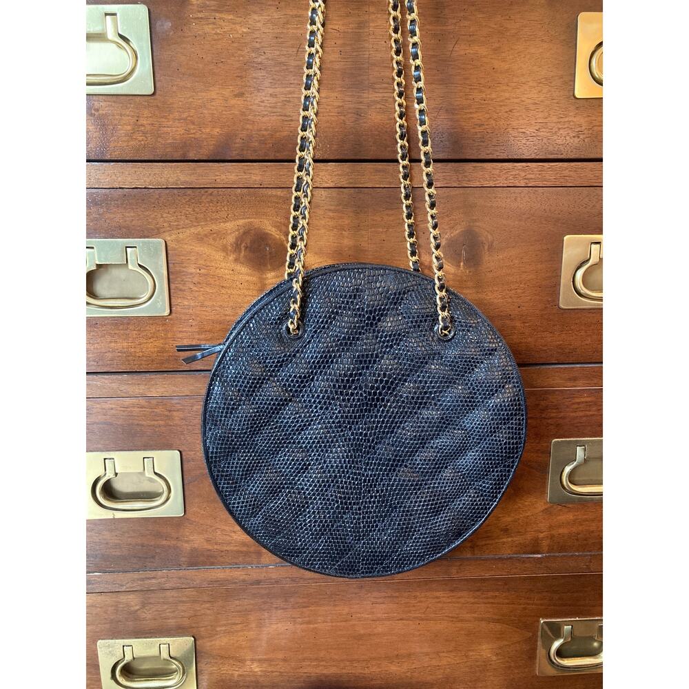 Lou-Rexx Vintage Quilted Snakeskin Round Chain Strap Handbag Black Loehmann's - Picture 3 of 14